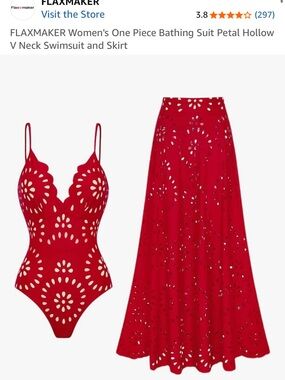 FLAXMAKER Women's Red Petal Hollow V-Neck One-Piece Swimsuit with Skirt
